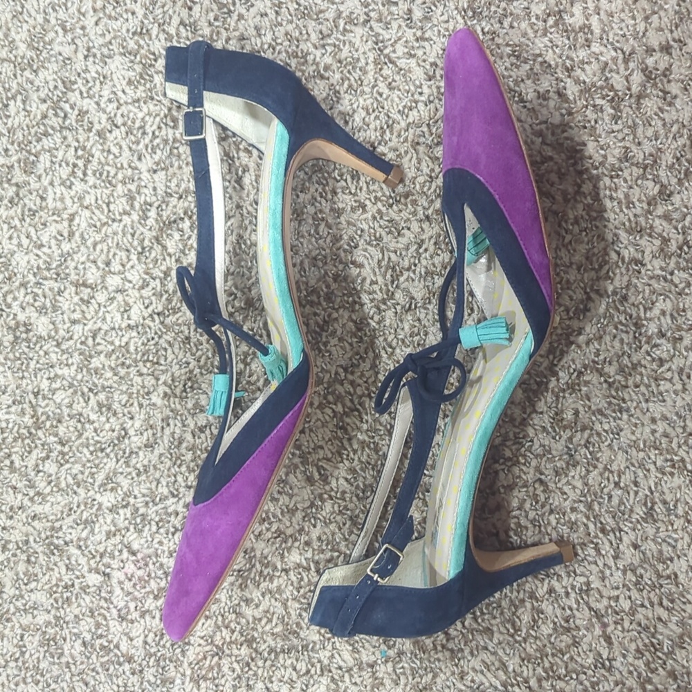 Boden Alice Suede T-strap Tassles High Heels Navy Blue Purple Size 42 Never Worn - Picture 4 of 11